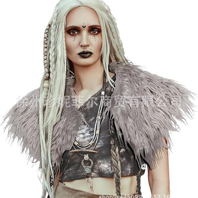 Viking Queen Faux Fur Collar Shawl Warrior Cape Women's Scarf Party Halloween Costume Cross-Border New details Picture
