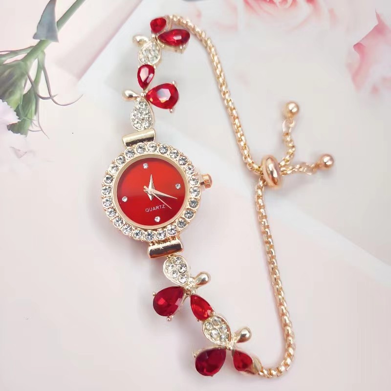 2024新款花型树叶镶钻女士手表气质时尚女款学生抽拉式手链表现货