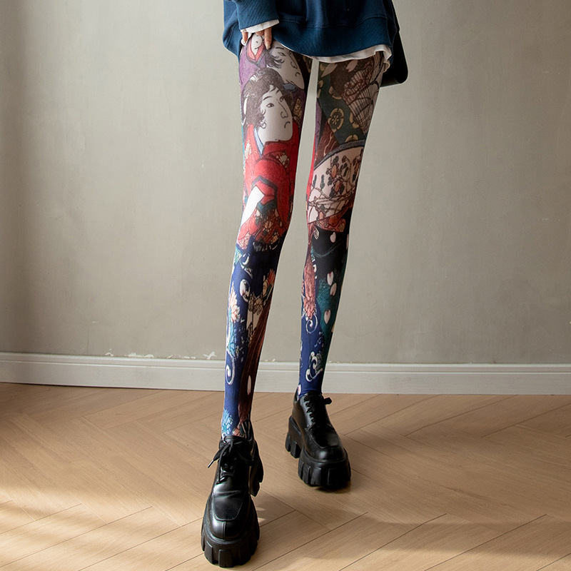 跨境薄款辣妹时尚复古连裤袜 春秋花朵树木抽象人像印花个性丝袜图