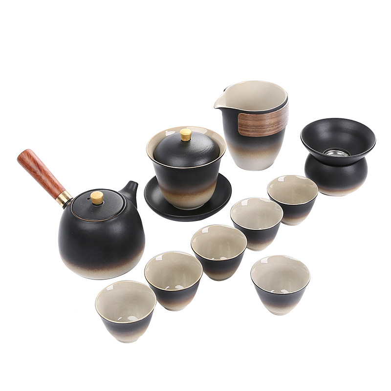 A complete set of Japanese coarse earthenware Lu Bao Kung Fu tea sets, black earthenware tea cups, covered bowls, side-handled teapots, and creative logos for both home and commercial use Item Picture