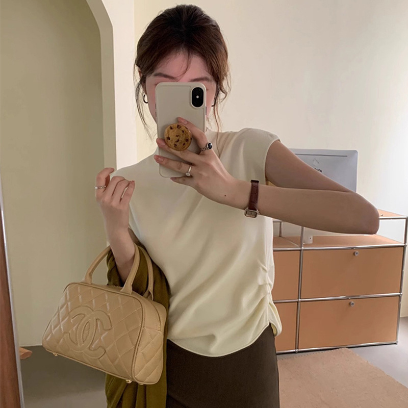 Francés cuello medio alto manga corta camiseta mujer primavera hombro recto slim jumper legging jersey shortbellish top details Picture