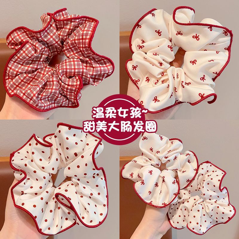 Ankela red headwear, children's large intestine ring, no hair damage, girls' hair tie, girls' bun hairstyle, high elasticity hair ring details Picture