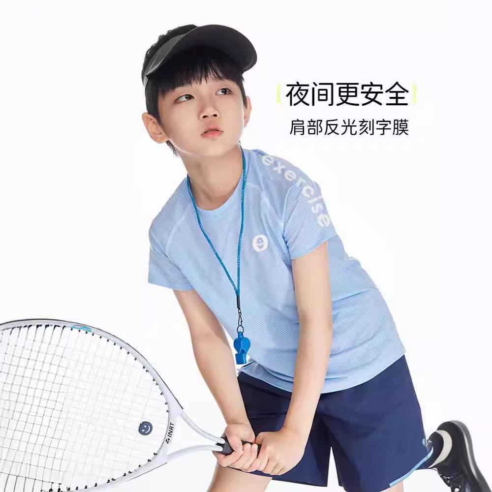 儿童短袖t恤 男童运动速干圆领衫工厂现货中大童夜视反光印花上衣