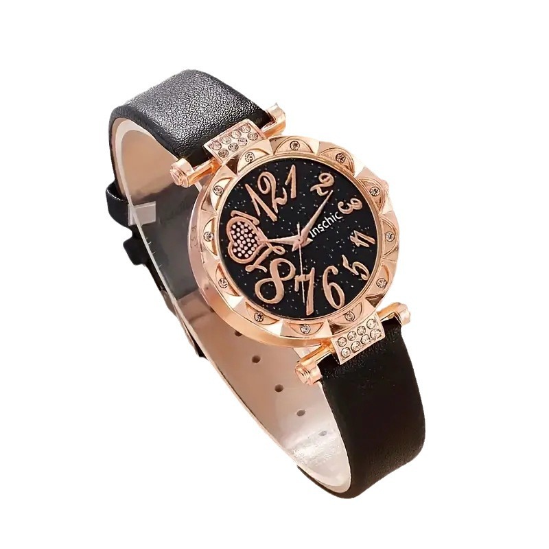 New Women's Diamond Dial Belt Quartz Watch Beaded Bracelet Set 6Pcs/Set Item Picture