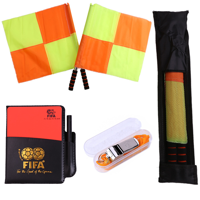 Football referee set, red and yellow card, metal referee whistle, linesman, flag-bearer, referee toolkit, coach for matches details Picture