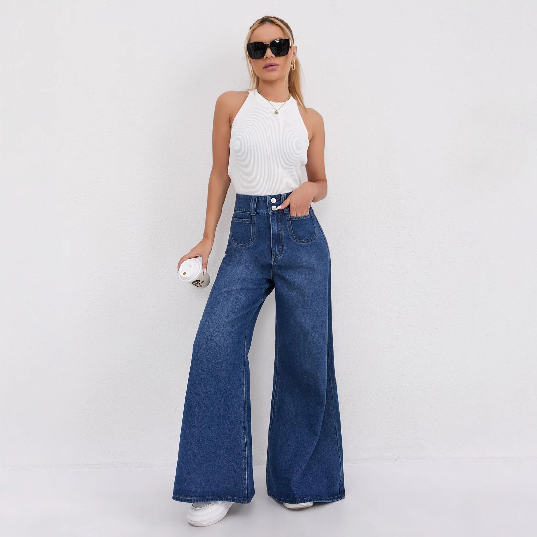 Cross-border foreign trade American flared jeans for women, new Spring and autumn style, high-waisted, slimming, tall, retro slightly flared hooves pants details Picture