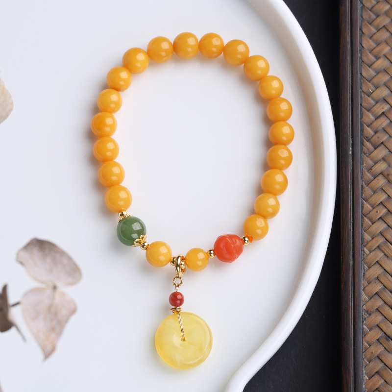 Original design 7MM natural amber single-loop bracelet, amber hanging safety buckle bracelet, retro Chinese style women's jewelry