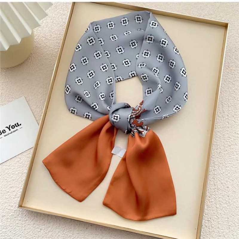 Small floral flat corner long wide hair band silk scarf, simple professional neckerchief for spring and summer, tied ribbon, versatile neckerchief details Picture