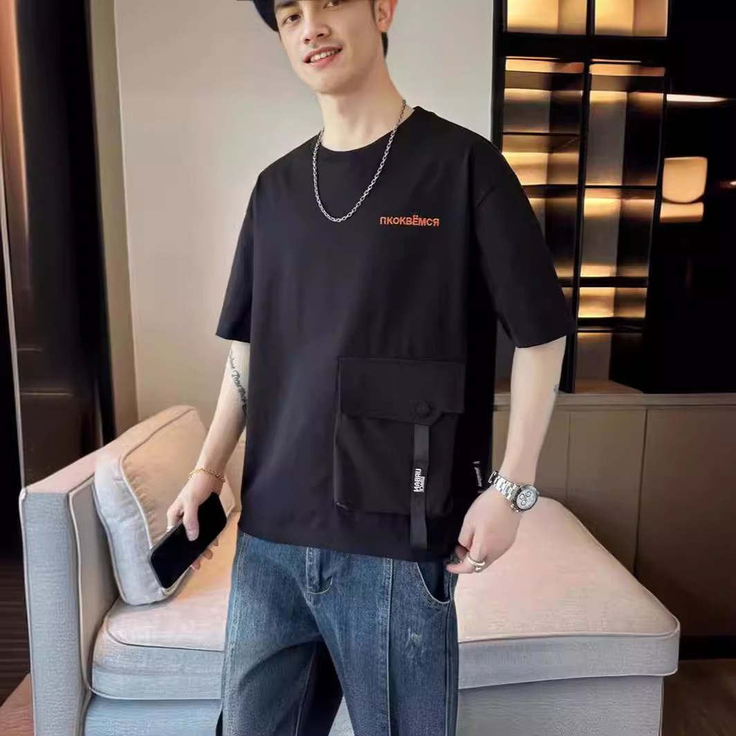 2024 Summer new short-sleeved T-shirt, thin, simple pocket, round neck, fashionable and trendy brand clothing, cool loose top Application Scenario