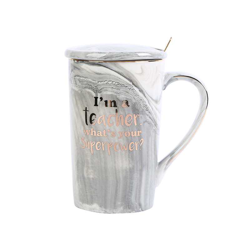 Teachers' Day Marble-patterned double-cup tea brewing cup, ceramic coffee cup, creative European-style mug details Picture