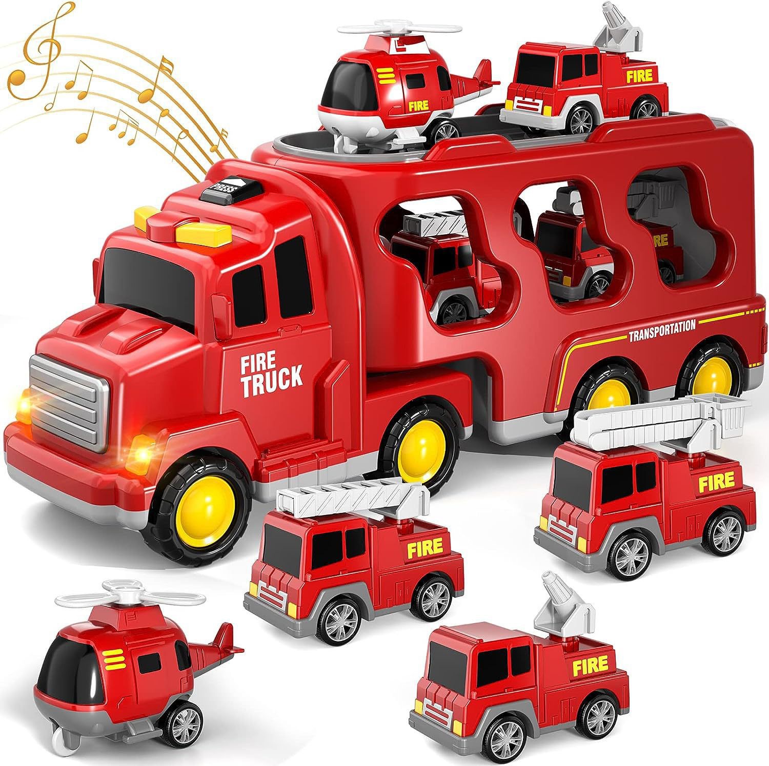 跨境爆款灯光音乐运输车惯性工程车货柜小车儿童玩具消防车亚马逊详情图1