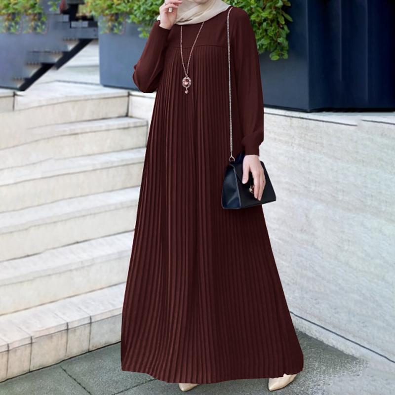 2024穆斯林女装阿拉伯风气质优雅百褶裙纯色圆领长袖褶皱连衣裙图