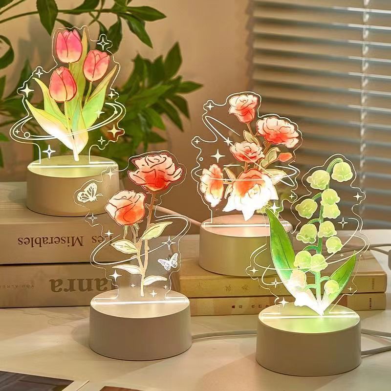 Never Dying Rose Tulips Convallaria Uv Color Printing 3D Nightlight Charging Touch Usb Table Lamp