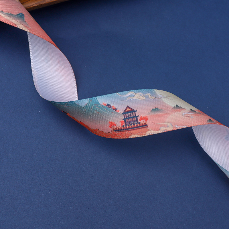 Stock Wholesale Digital Printed Bow Polyester Ribbon 2.5Cmdiy Small Fragrance Chinese Style Landscape Ribbon Application Scenario