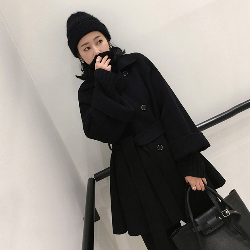 Woolen Coat Female 2023 Autumn And Winter New Korean Version Of Long Woolen Coat Loose Tie Girls Woolen Coat Application Scenario