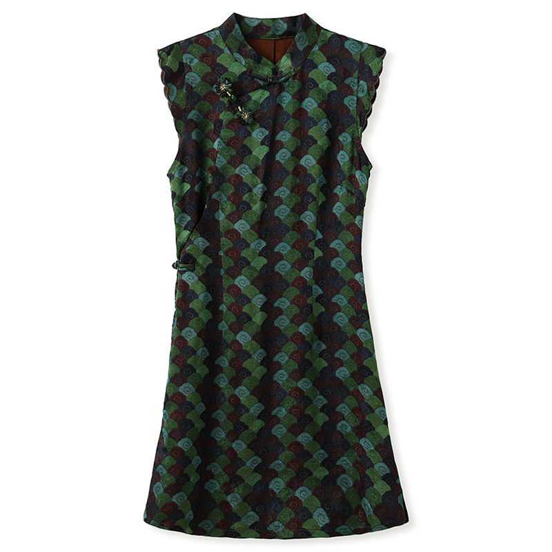 New Chinese-style slimming checkered button-up stand-up collar cheongsam dress 2025 Summer Chinese style silk A-line dress for women N5011 Item Picture