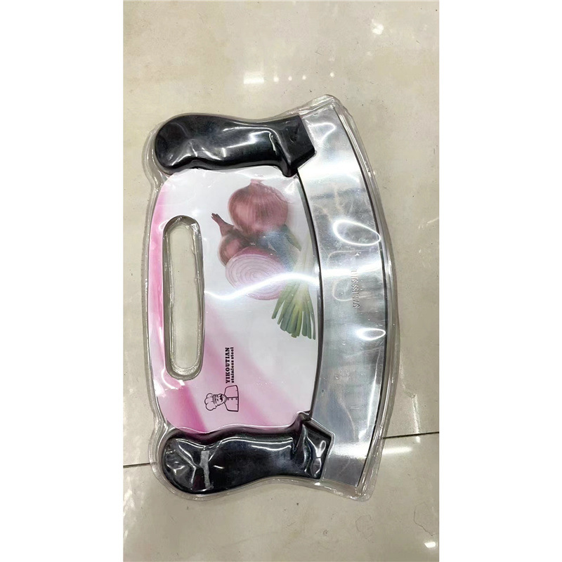 Household kitchen gadgets Stainless steel wood handle curved knife Nougat snow flake crisp pizza cutter Specification drawing