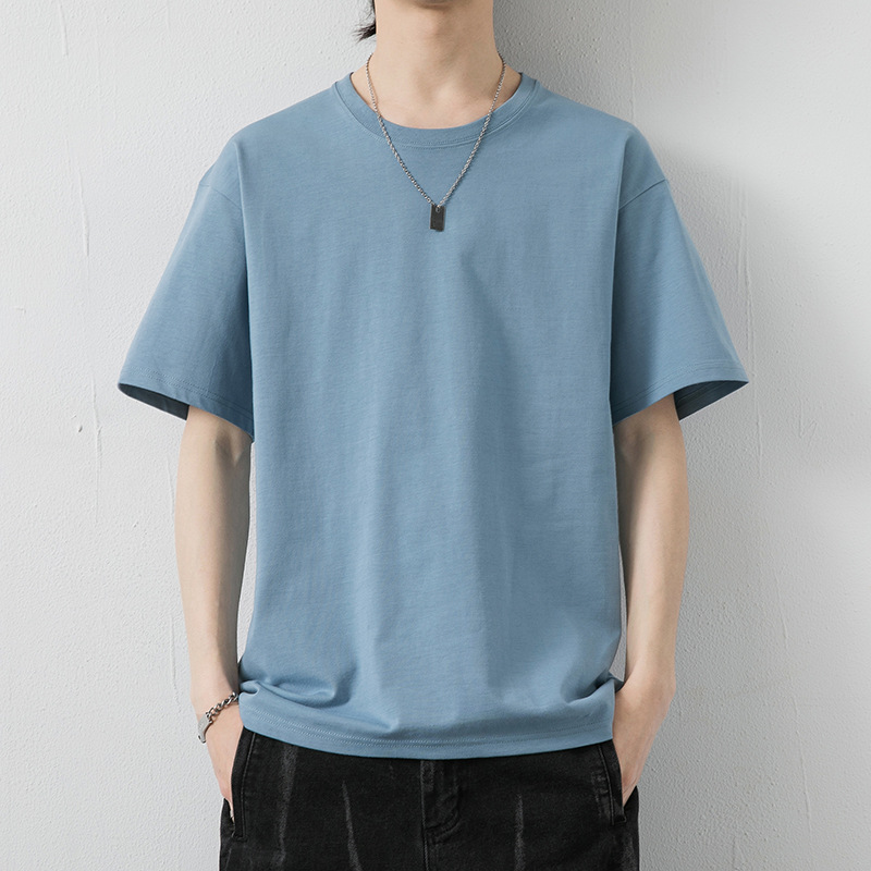 A new summer cotton short-sleeved T-shirt for men, a simple solid-color base layer for young people, a trendy ins versatile loose top details Picture