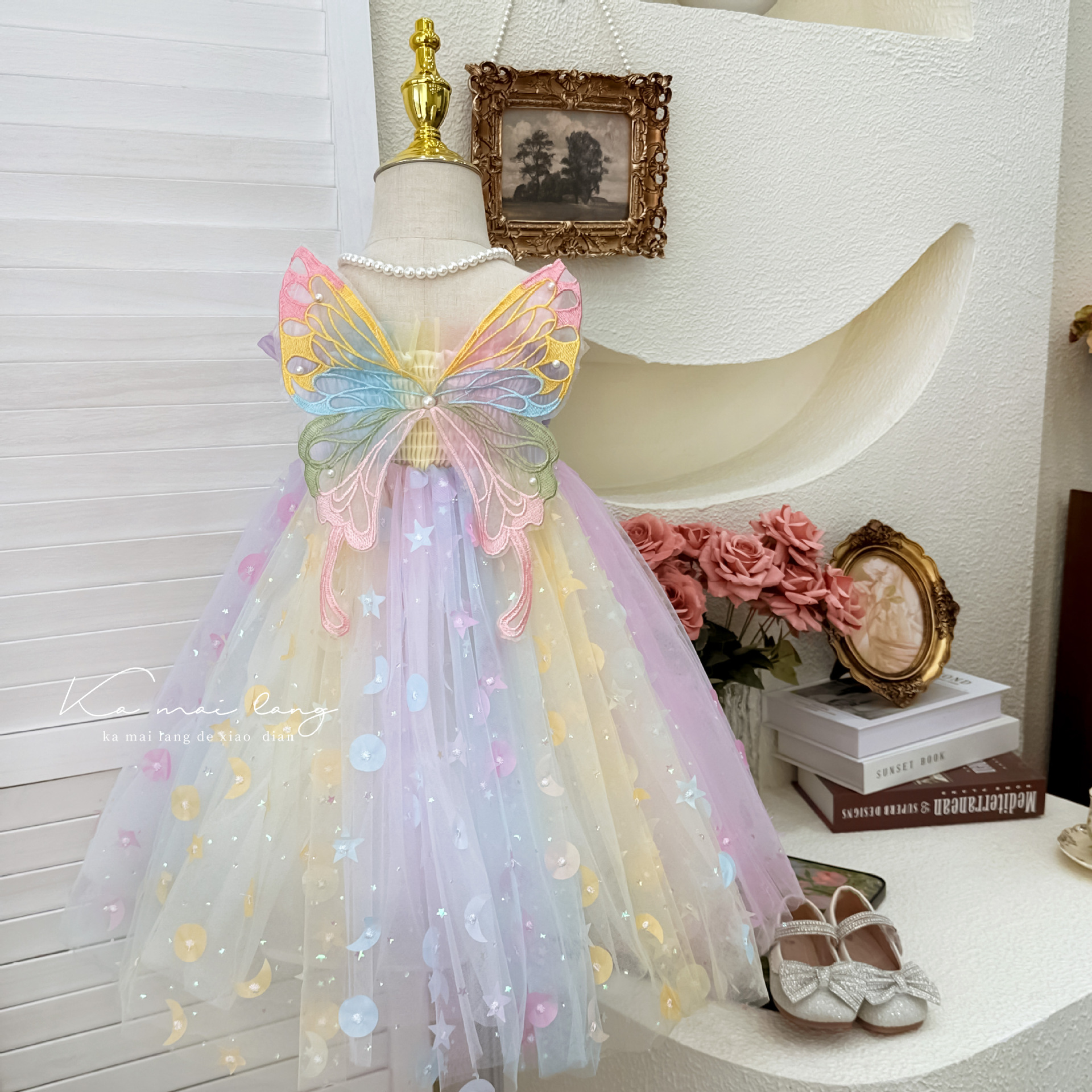 New Summer 2024 butterfly sequined girls' birthday dress, children's princess dress
