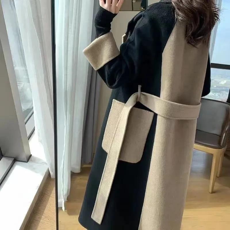 Women's long woolen coat 2023 Winter new style, with a sense of elegance and sophistication, contrasting colors, and a Hepburn style woolen overcoat for women Specification image