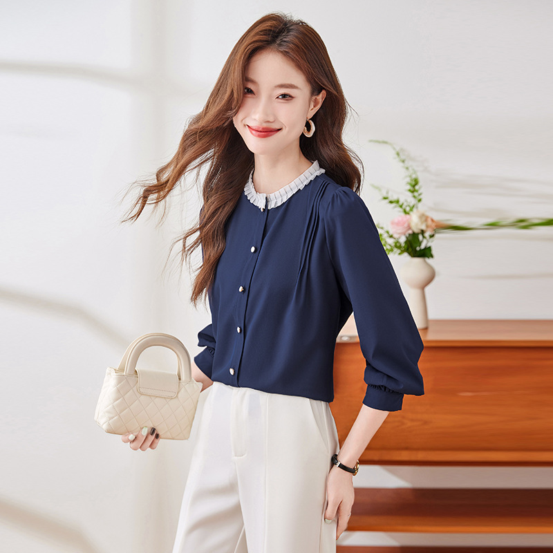 High-end white-collar new French shirt 2024 Autumn new lace lace round-neck long-sleeved shirt women's chiffon blouse