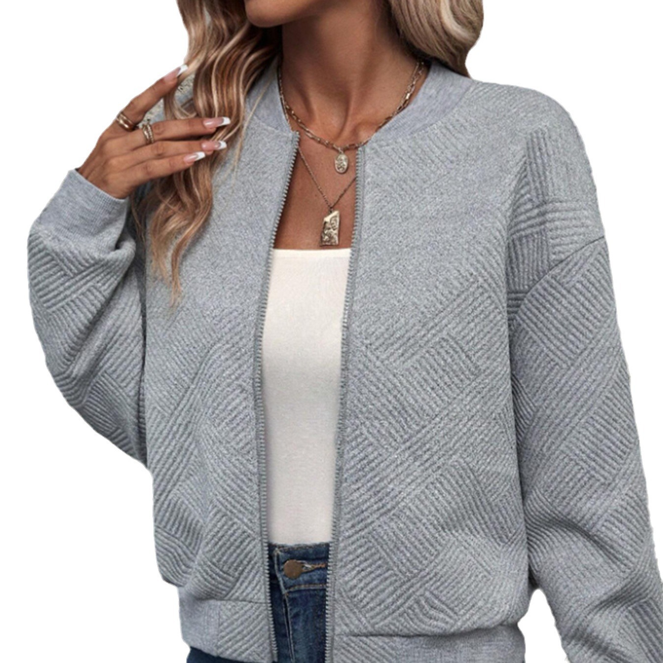In 2025, Amazon Europe and America's new women's Spring and autumn long-sleeved knitted cardigan with zipper decoration and elegant solid color coat Item Picture