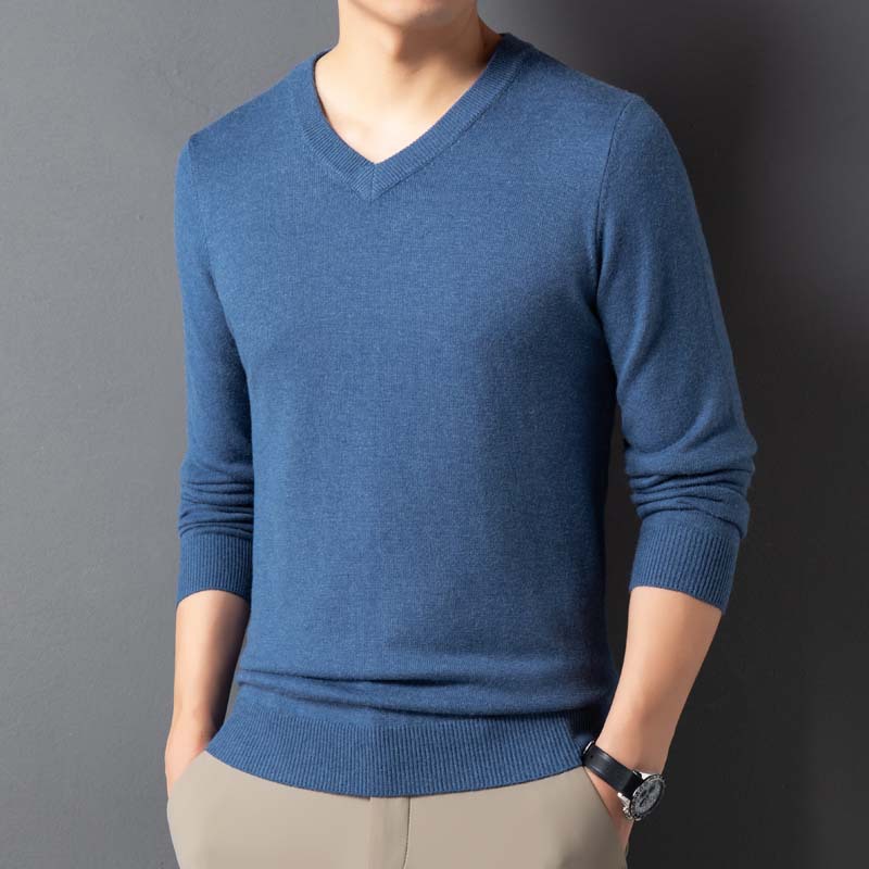 Autumn and winter fine edition men's thick V-neck sweater base layer, middle-aged dad top, men's chicken heart collar knitted sweater for men