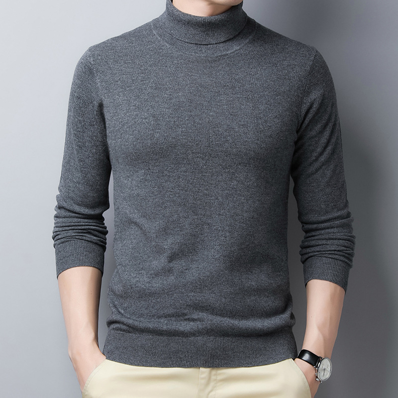 Winter new 100% pure wool high-neck sweater for young and middle-aged men, solid color base layer, warm wool sweater for men details Picture