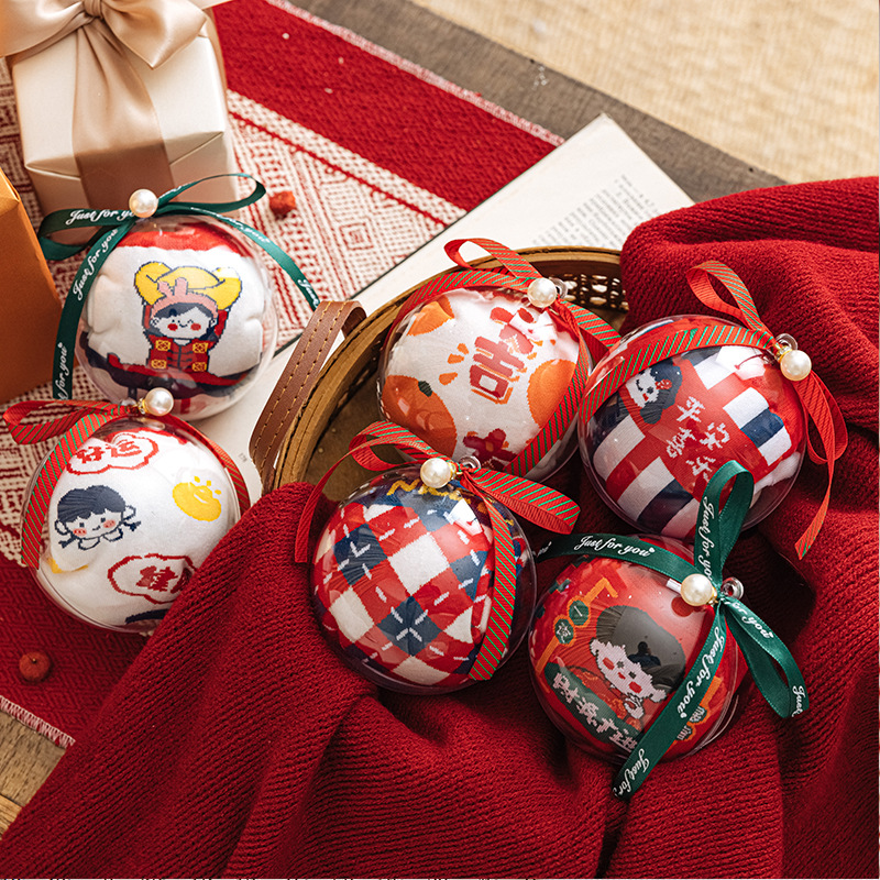 Cute ball-shaped New Year socks for the zodiac year, cartoon-printed mid-calf socks for good luck and prosperity, red couple breathable cotton socks Specification image