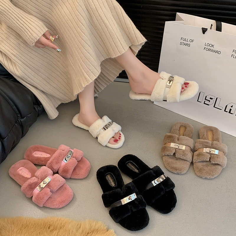 Korean style furry slippers for women 2025 autumn/winter H-shaped plush flat outerwear, popular flat flat ladylike gentle slippers