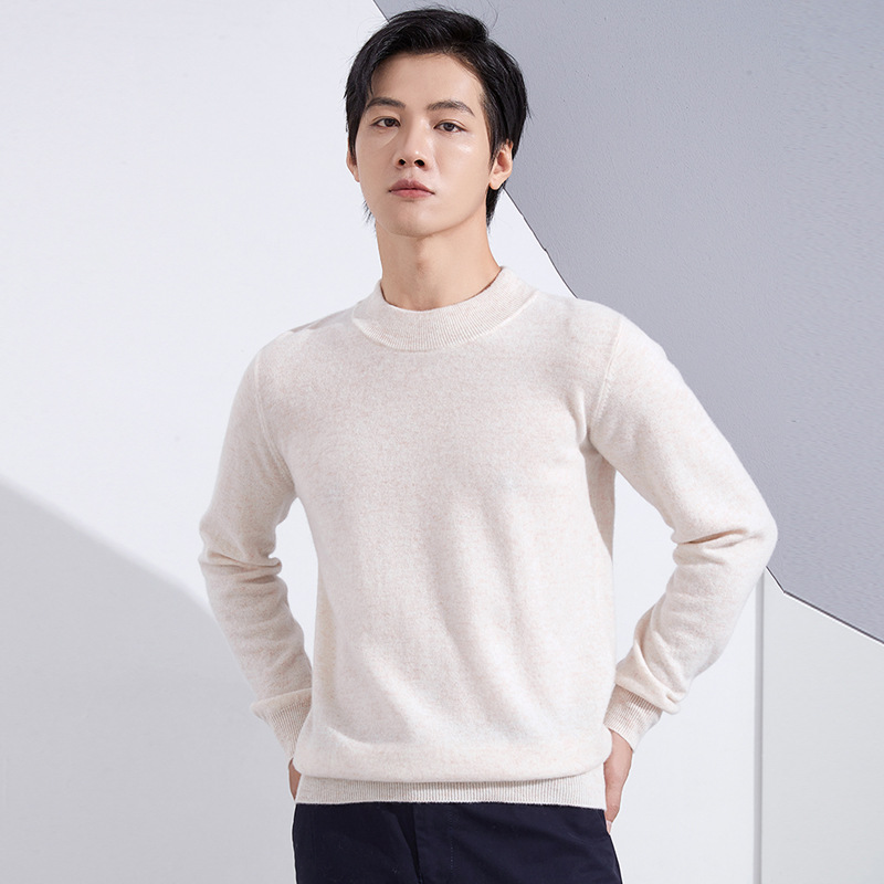 The new 100% pure wool sweater for men's business trend in autumn and winter is a solid color semi-high neck long-sleeved pullover with a knitted sweater underneath Specification image