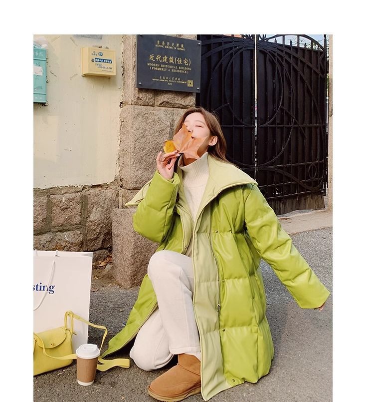 Aguacate verde pato blanco abajo PU piel abajo chaqueta para mujeres estilo mediano largo diseño de nicho sentido influencers estilo explosivo abrigo sin lavado pic 23