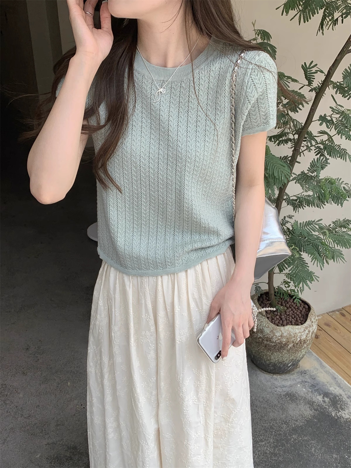正肩镂空韩版针织衫短袖女2025春夏设计感短款打底衫圆领上衣薄款详情12