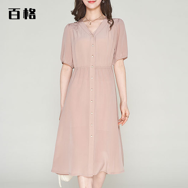 真丝连衣裙女2022春修身A字裙中长款桑蚕丝裙子法式连衣裙气质女