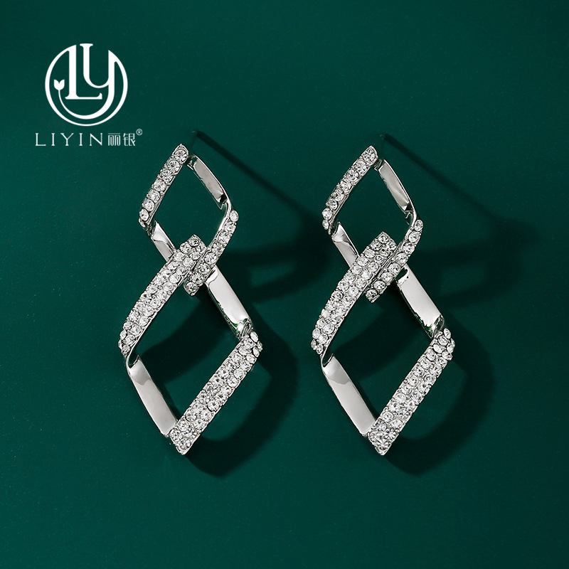 Liyin ins wind long S925 silver needle earrings micro-inlay rhinestone smooth exaggerated source factory earrings thumbnail