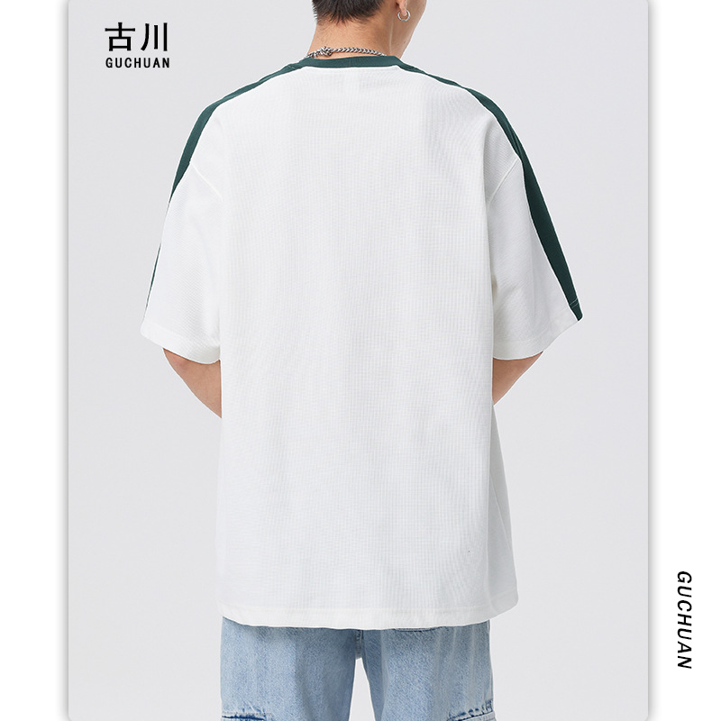 Summer Waffle short-sleeved men's loose pullover with a round neck and color contrast patchwork heavyweight half-sleeved T-shirt Application Scenario