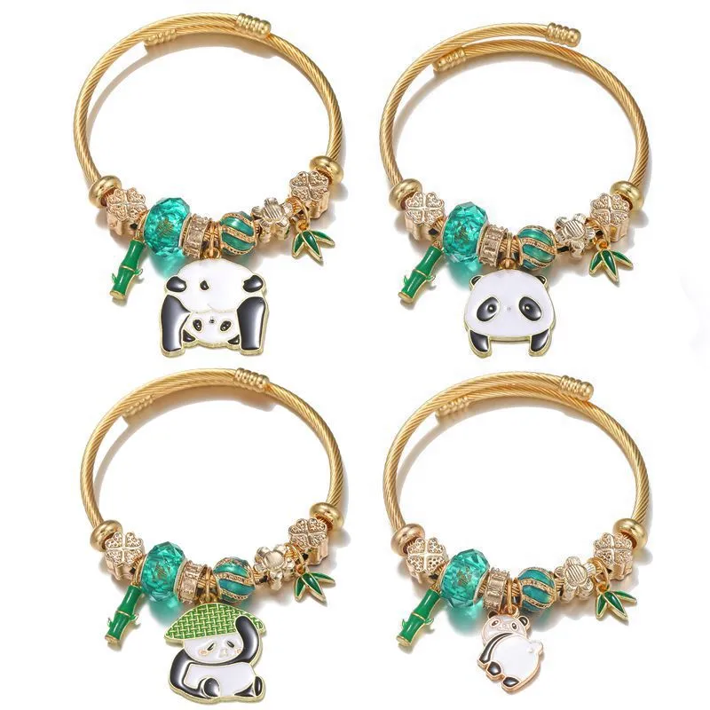 Oly Magic Bracelet 6779 Diy Stainless Steel Titanium Steel Bracelet Green Series Panda Bamboo Pendant Cartoon Animal Bracelet Wholesale
