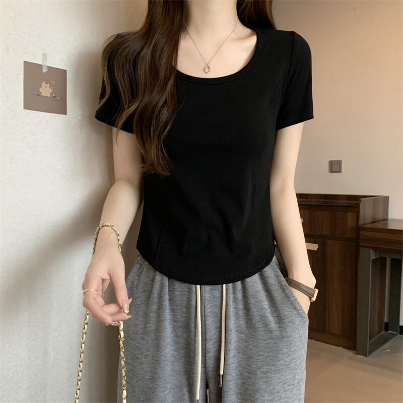 Square Collar Fishbone Short Sleeve T-Shirt Women's Wear South Korea 2024 Summer Slimming Short Spice Collarbone Is Shoulder Clothes Specification drawing