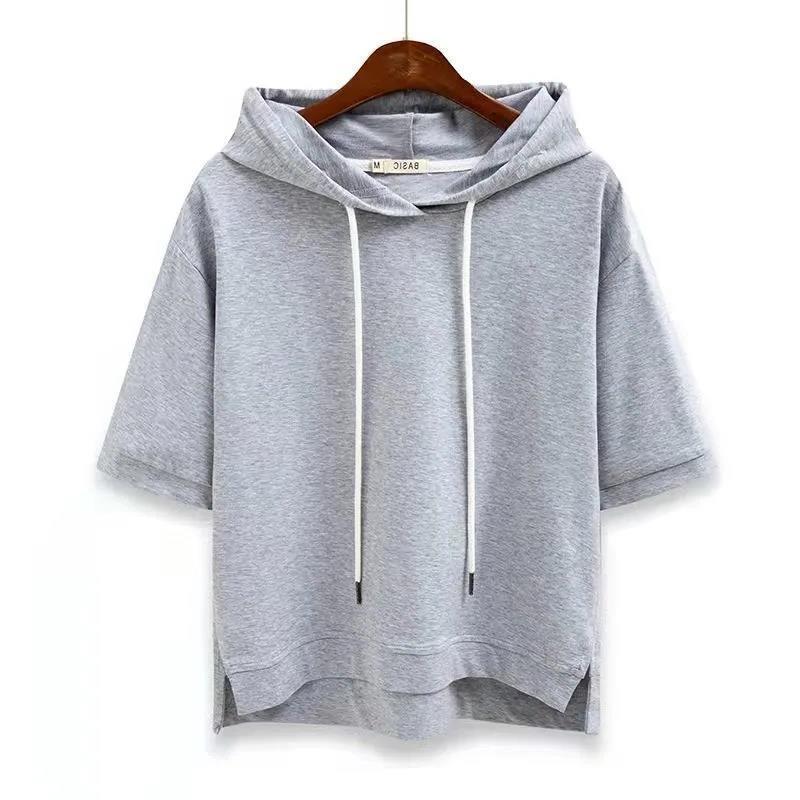 2025 Cotton Korean-style hoodie in loose solid color, new spring and summer half-sleeve split five-quarter sleeve hooded T-shirt top for women Item Picture