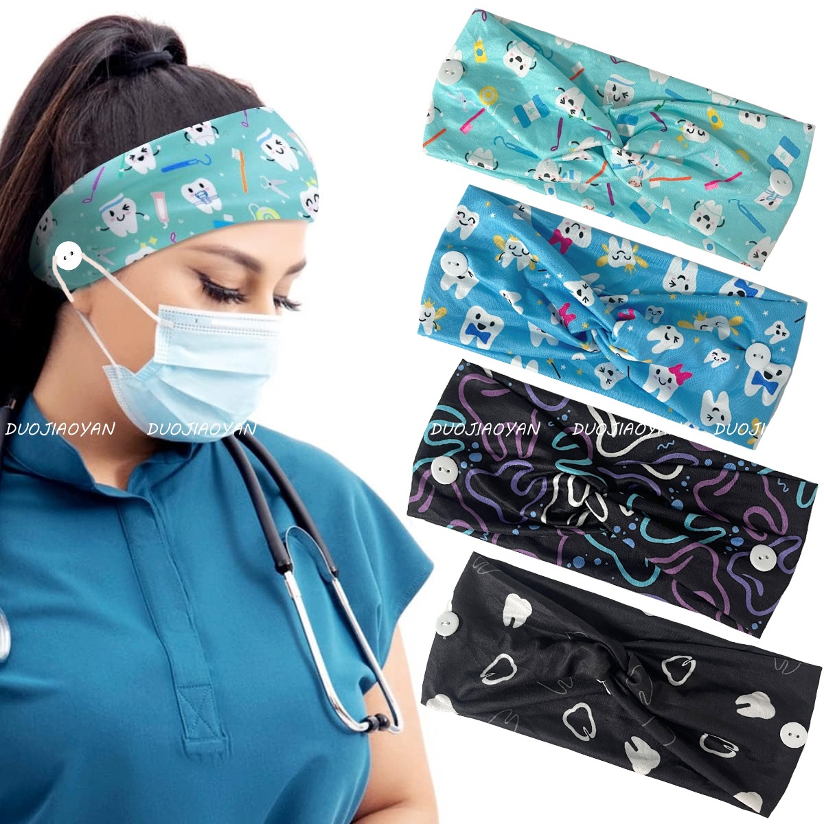 Amazon's new medical hair band, teeth print button cross headscarf hair accessory, wide edge elastic sweat-absorbing hair tie full figure