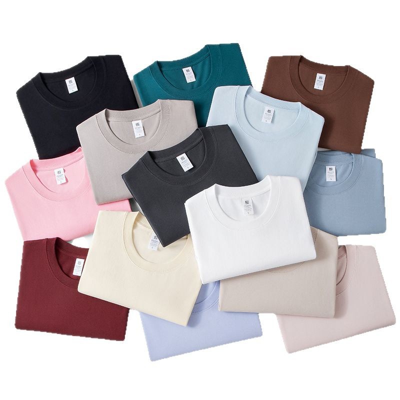 Men's T-shirt, short-sleeved, heavy pure cotton 230g, youth round-neck solid-color top, loose base layer, trendy brand couple outfit Item Picture