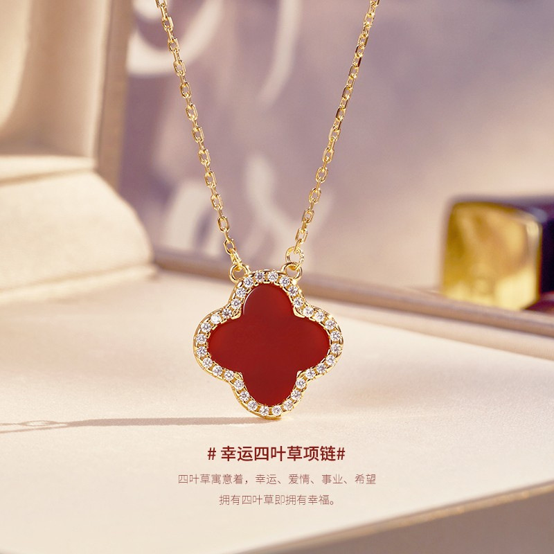 S925银四叶草红玛瑙项链女锁骨链设计感轻奢小众吊坠百搭一件代发