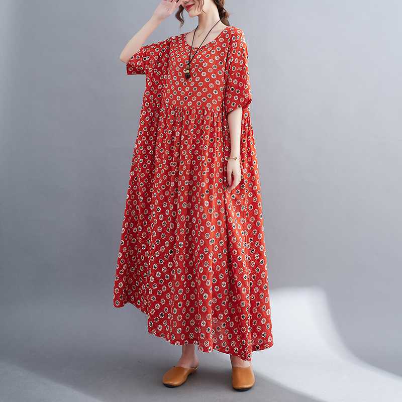Simple and fashionable 2023 summer new dress, artistic, retro, loose, plus-size red short-sleeved loose long dress for women Specification image