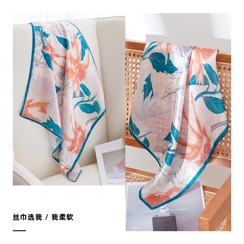 Spring and summer new travel sun protection versatile silk scarf, 100% silk small square scarf, floral printed silk scarf, neck-tying small square scarf details Picture