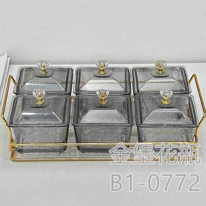 Glass divider fruit plate Commercial snack snack snack plate Bar bath Foot club six bar plate with cover Golden castle vase details Picture
