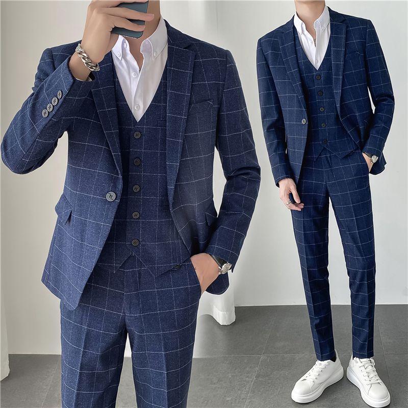 Autumn and winter ins light mature style Korean slim-fit casual plaid men's suit three-piece set details Picture