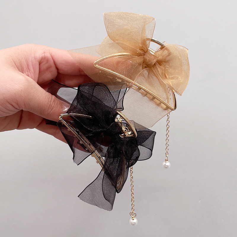 网纱蝴蝶结抓夹后脑勺盘发气质发夹珍珠流苏鲨鱼夹发量多发抓头饰