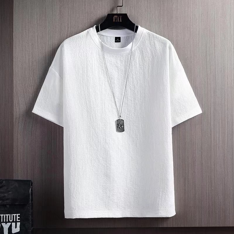 Linen short-sleeved T-shirt for men's summer, new half-sleeved T-shirt, cotton and linen solid color loose base layer, white five-quarter sleeve Application Scenario