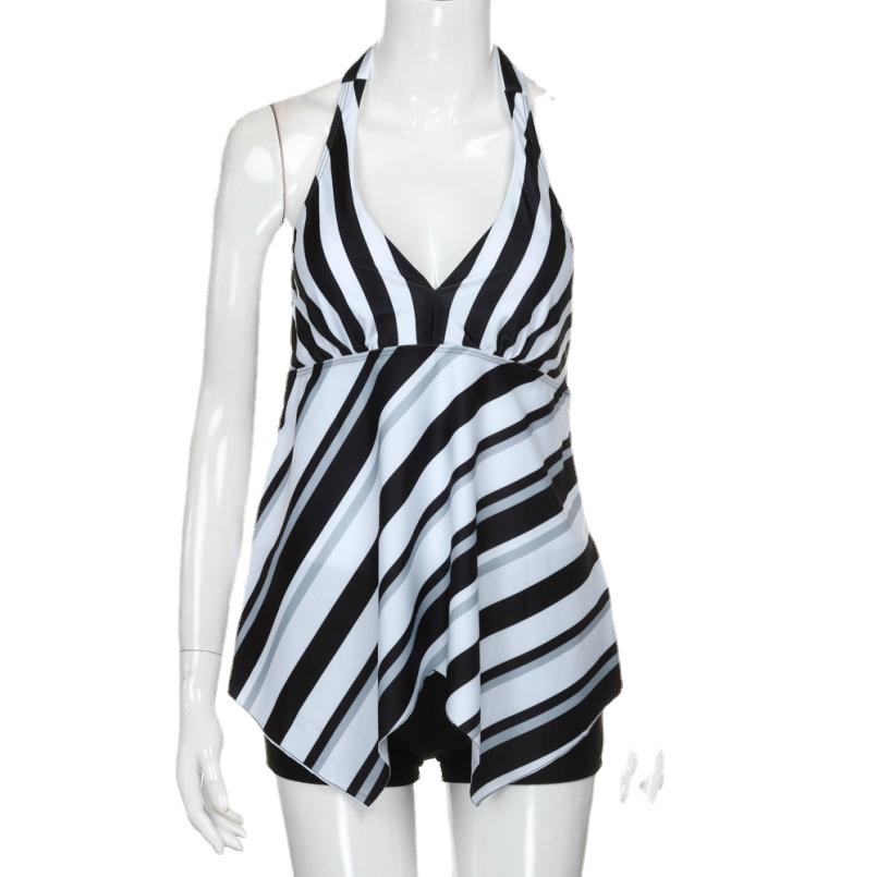 Amazon Explosive Women's Swimsuit Conservative Flat Angle Large Size Separate Black And White Twill Fat Mm Swimsuit Plus Fat Item Picture