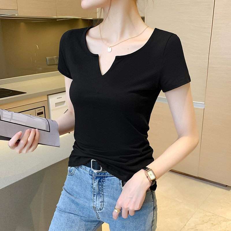 V-neck off-the-shoulder short-sleeved T-shirt for women, summer slimming with a base layer. Low-neck tight slimming top, 2026 new style